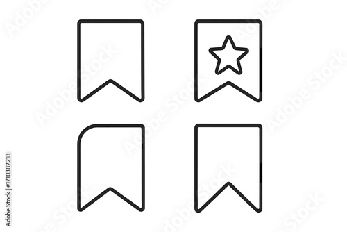 Bookmark outline icon set with favorite star. Save for later tag and reading label collection. Minimalist line art vector for UI, UX, web design, apps and infographics.