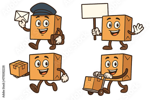 Cartoon box character mascot set for post and delivery service. Vector illustration of a package character as a postman, holding a sign, and with a hand truck. Mail delivery and shipping concept.