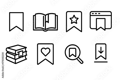 Bookmark simple line icon set. Save for later, favorite, and read concept. Vector collection for books, articles, web UI. Editable stroke. Tag, marker, and ribbon symbols.