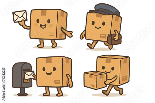 Set of cute cardboard box characters as mail and delivery mascots. Vector cartoon illustration of parcel postman, shipping service, sending letter to mailbox concept.