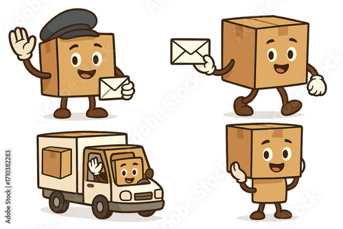 Cartoon box character mascot set for post and delivery service. Vector package man as postman, delivering mail, and driving a truck. Cute shipping and logistics concept.