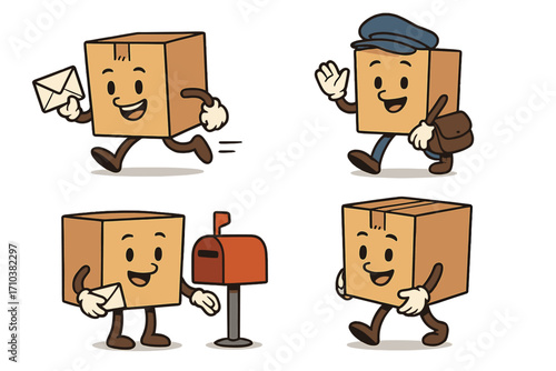 Delivery box character mascot set. Retro cartoon parcel running with a letter, postman with bag, mailing envelope in a mailbox. Vector for shipping and logistics business.