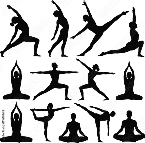 Black silhouette yoga poses, meditation, balance, flexibility, wellness exercise illustration set, fitness, mindfulness, healthy lifestyle, spiritual practice, relaxation