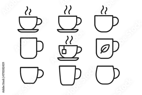Coffee and tea cup line icon set. Vector bundle of thin outline icons for coffee shop, cafe menu, and hot beverages. Minimalist mug and teacup symbols with editable stroke.