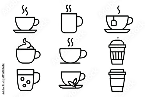 Coffee and tea line icon set. Editable stroke vector collection for cafe menu, web, and apps. Includes mug, cappuccino, latte, to-go cup, and teacup symbols. Hot beverage graphic.