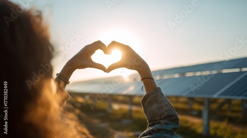 Female forming heart symbol with hands at sunset near solar panels