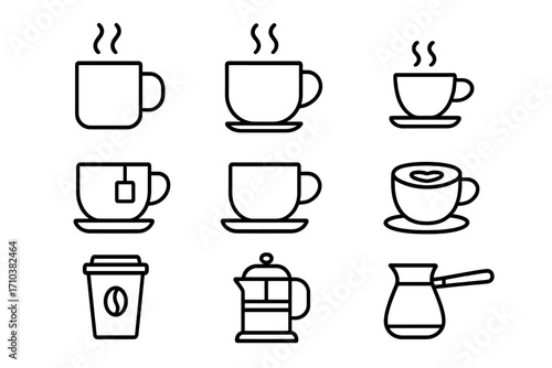 Coffee and tea line icon set. Vector symbols for cafe menu, coffee shop, and beverage signs. Includes mug, cup, espresso, French press, and takeaway coffee cup icons.