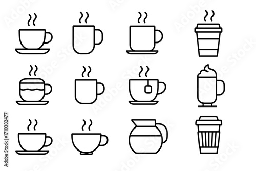 Coffee and tea icon set vector line art. Hot drink and beverage symbols for cafe menu. Includes mug, espresso, cappuccino, latte to-go cup. Editable stroke outline icons.