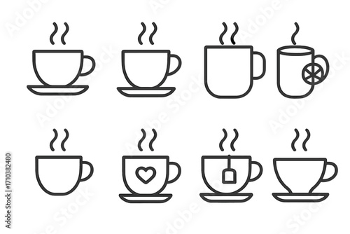 Coffee and tea cup line icon set. Simple isolated hot drink and beverage outline symbol collection. Vector minimal illustration with editable stroke, teabag, and lemon.
