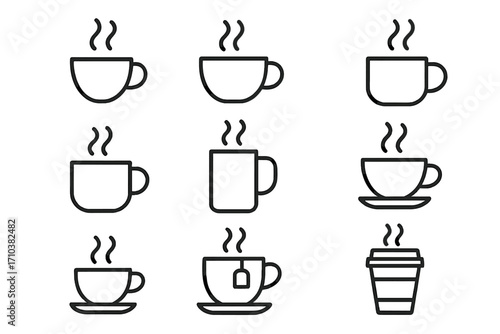 Coffee and tea cup thin line icon set. Hot drink and beverage outline symbols collection. Vector pictogram with editable stroke for cafe menu, web design, and mobile app.