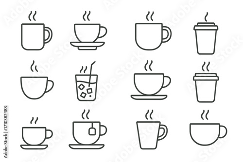 Coffee and tea cup line icon set. Vector hot and cold drink symbols. Mug, espresso, latte, takeaway cup outline graphics for cafe menu. Editable stroke illustrations.