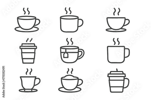 Coffee tea line icon set. Hot drink outline symbols. Beverage, espresso, latte, cappuccino. Mug, cup, to-go paper cup, teabag vector icons. Editable stroke for web, UI design.