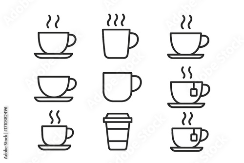 Coffee or tea cup line icon set. Hot beverage outline pictograms. Simple isolated vector collection with mug, steam, saucer, teabag and takeaway cup for cafe menu or app.