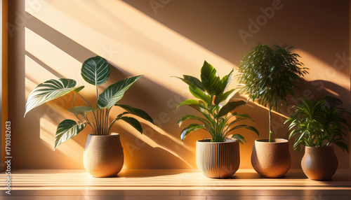 Potted Plants Casting Shadows On Wall Indoor Space Photography Natural Light Close Up Golden Hour Aesthetic