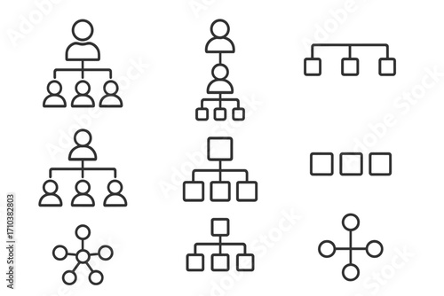 Hierarchy icon set. Business organization chart, corporate structure, and management concept. Teamwork, leadership, and connection symbols. Vector flowchart and diagram elements.