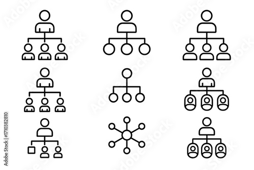 Business hierarchy line icon set. Organization chart and corporate structure. Management, leadership, teamwork concept. Employee network, company staff, and team relationship.