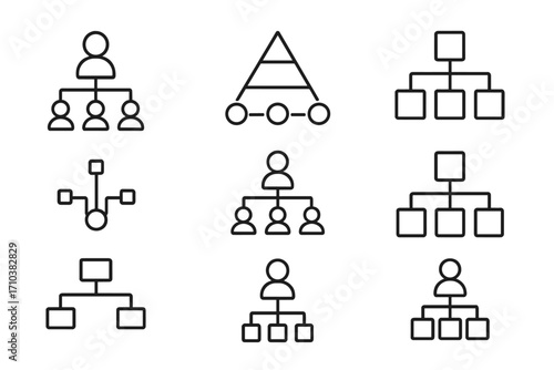 Hierarchy icon set for organizational chart and structure diagram. Corporate business management, team leadership and workflow flowchart. Thin line vector icons editable stroke.