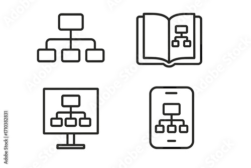 Hierarchy line icon set. Business organization chart, corporate structure, and team flowchart symbols. Management workflow, data connection vector icons for UI, web, book, app.