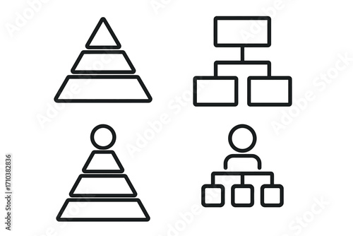 Hierarchy line icon set. Business organization structure, management flowchart, and corporate pyramid diagram. Editable stroke vector for UI, UX, web, and app design.
