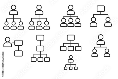 Hierarchy icon set. Business organization chart, corporate structure. Team management, leadership, workflow, and employee connection concept. Vector thin line pictograms.