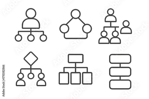 Hierarchy icon set. Business organizational chart collection. Corporate structure and team management diagrams. Thin line vector. Flowchart, workflow, and process symbols.