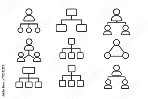 Hierarchy icon set. Business organization chart, corporate structure, and management concept. Teamwork, leadership, and workflow line icons. Flowchart and diagram symbols.