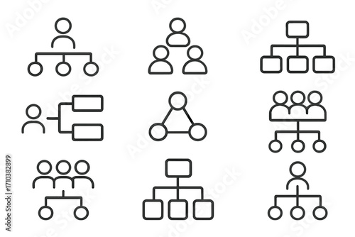 Hierarchy and organization line icons set. Business structure, corporate chart, team, and management concepts. Vector flowchart symbols for web. Leadership, subordination, network.