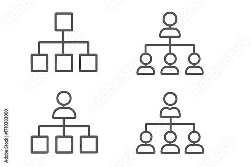 Hierarchy icons set. Corporate organization chart. Business team structure and management concept. Flowchart infographic elements. Vector line icons with editable stroke.