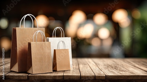 Wallpaper Mural Four paper shopping bags on a wooden table with a blurred background of a restaurant. Torontodigital.ca