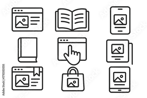 Vector UI icon set for website and mobile app design. E-commerce, online shopping, reading, e-book, blog, digital content, and marketing outline symbols. Editable stroke.