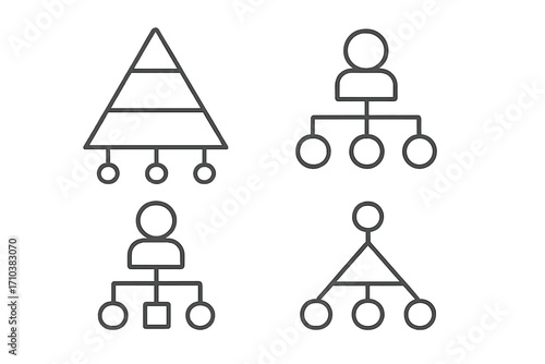 Hierarchy thin line icons collection. Business organization chart, corporate structure, management concept. Vector teamwork leadership flowchart and pyramid diagram. Editable stroke.