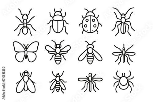 Insect and bug outline icon collection. Vector line art set with ant, beetle, ladybug, butterfly, bee, wasp, mosquito, fly and spider. Editable stroke pictogram symbols.