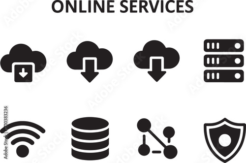 Digital Cloud Computing Storage and Network Security Icon Collection Representing Online Services and Data Management