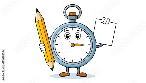 A cartoon stopwatch character holds a pencil and a blank sheet of paper, ready for a task or an important note.