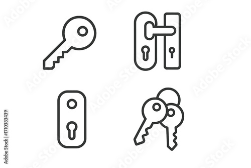 Set of simple isolated line icons of keys and door locks with editable stroke, suitable for websites, apps, books, cards, vector cartoon illustrations of security and access concepts
