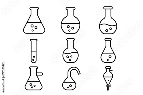 Laboratory bulbs pack of thin line icons with editable stroke, chemistry equipment vector set, scientific glassware collection for websites, apps, books, and cards