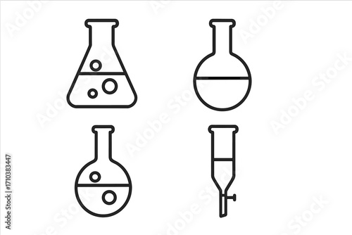 Laboratory bulbs simple isolated line icon set, editable stroke science chemistry flask, test tube and boiling tube illustrations, vector cartoon symbols for web, apps, books, cards