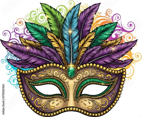 Elegant Mardi Gras Mask with Feathers and Jewels