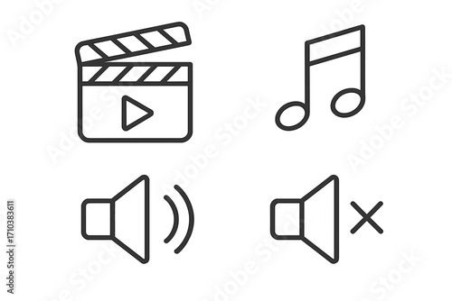 Pack of media player related linear icons, editable stroke design for websites and apps, vector set of clapperboard, musical note, volume control, and mute symbols for UI