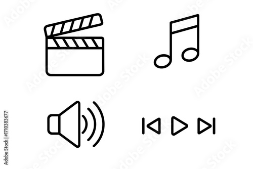 Pack of media player related line icons editable stroke for design web sites apps cards including linear clapperboard musical note loudspeaker play controls vector graphic