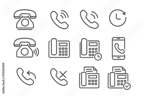 Phone and Fax Thin Line Icon Set, Editable Stroke Vector Illustration, Modern Communication Symbols for Websites, Apps, Books, Cards, Transparent Background, Ordered Collection
