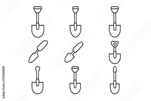 Shovel thin line icon set, editable stroke vector collection for web, books, cards, apps, transparent background, gardening tools, digging, landscaping equipment