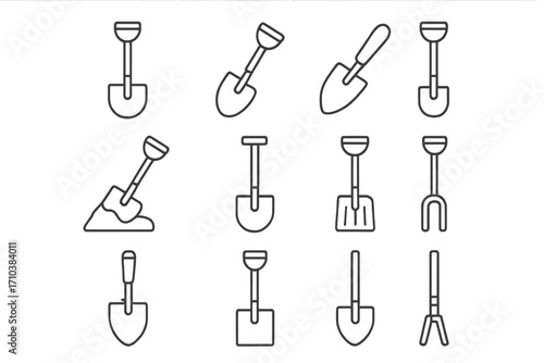 Shovel icons collection, thin line editable stroke, vector cartoon tools set for websites, apps, books, cards, transparent background gardening and construction utility symbols
