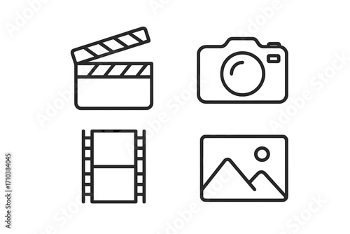 Minimalistic linear icons of clapperboard, photo camera, movie filmstrip, and picture frame. Editable stroke vector set for card design, app UI, banner, post, and media projects