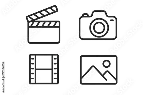Simple Linear Icon Set of Clapperboard, Photo Camera, Movie Film Strip, Picture Frame, Editable Stroke, Minimalist Vector Pictogram for Design, Cards, Apps, Banners, Posts