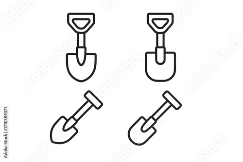Shovel icon set for UI design, placards, books, apps, editable stroke, vector cartoon illustration, gardening tools, construction, web sites, cards, transparent background