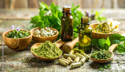 Herbal Remedies and Supplements on Wooden Table