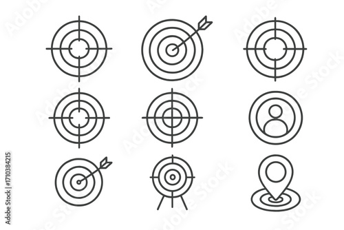 Target and aim icons collection, simple linear outline design, editable stroke vector set for websites, books, cards, apps, business, navigation, goals, precision, success symbols