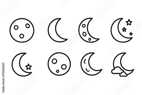 Moon and crescent icon bundle set with editable stroke, lunar phases, night sky stars, simple line art, vector cartoon illustration for web, apps, books, cards design