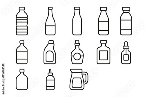Thin line icons collection of various bottles and containers, editable stroke vector set suitable for websites, books, cards, apps, transparent background, cartoon style